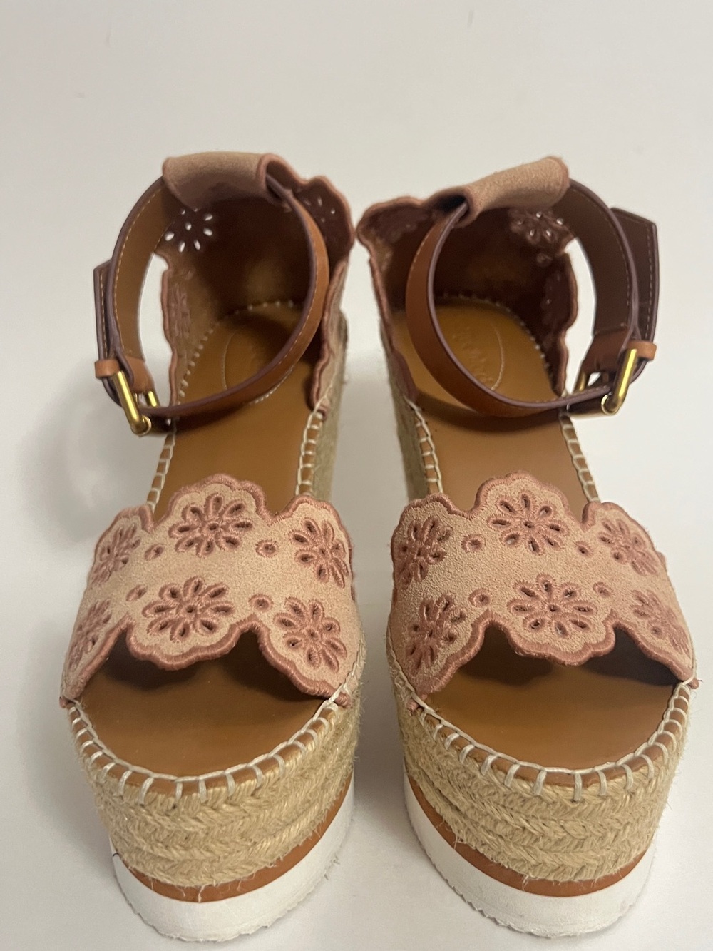 See by Chloe Glyn Blush Pink Floral Scallop Espadrille Platform Sandals